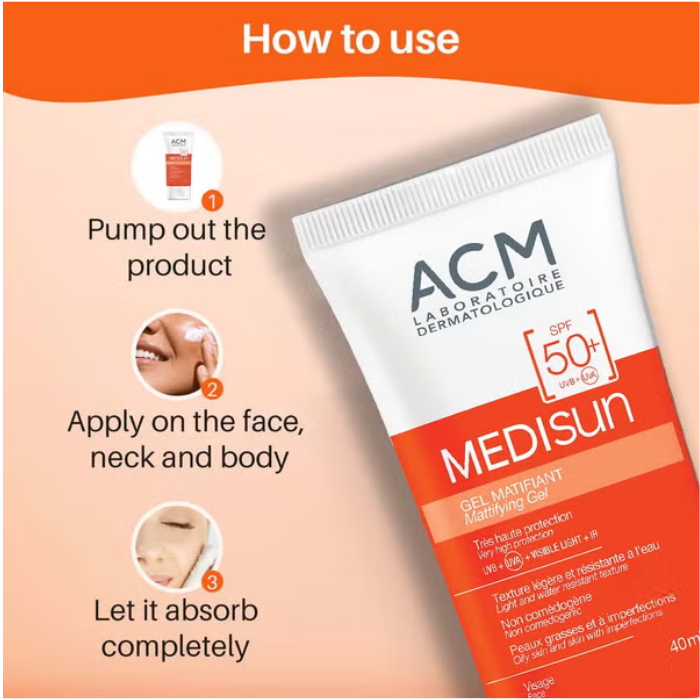 ژل ضد آفتاب بیرنگ صورت ای سی ام SPF50 مدل Medisun محافظ UVA، UVB PA مناسب برای پوست چرب حجم 40 میلیلیتر